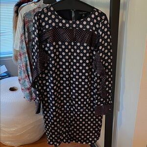 Banana Republic Navy White and Red Geometric Long Sleeve Silk Dress with ruffle